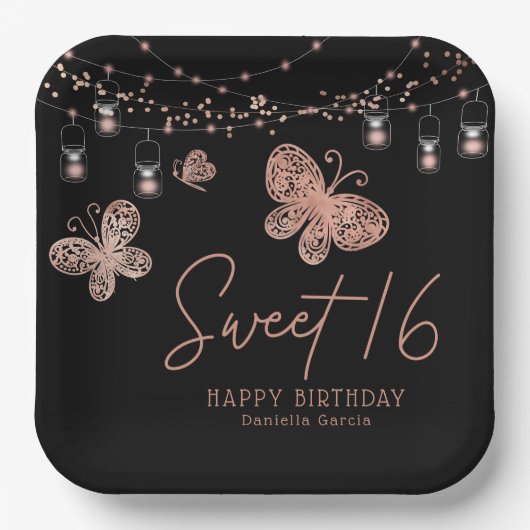 Sweet 16 Roos Gold Butterfly Chic Modern Birthday Papieren Bordje (Voorkant)