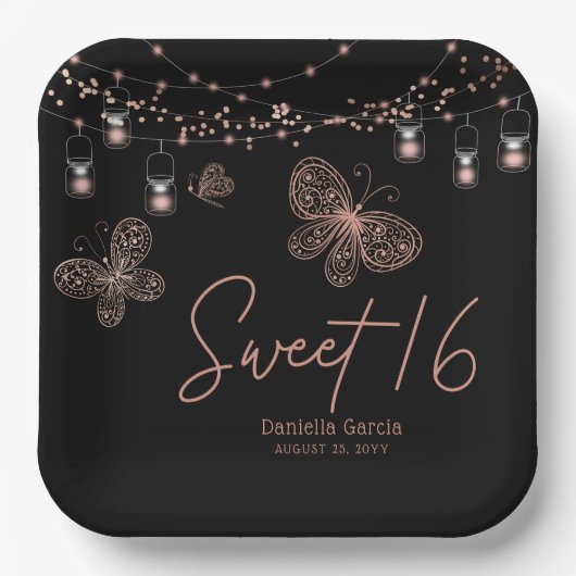 Sweet 16 Roos Gold Butterfly Chic Modern Birthday Papieren Bordje (Voorkant)