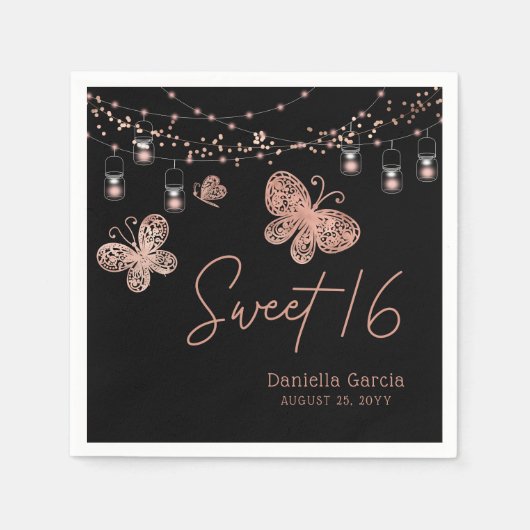 Sweet 16 Roos Gold Butterfly Chic Modern Birthday Servet (Voorkant)