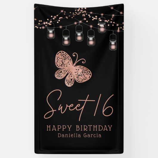 Sweet 16 Roos Gold Butterfly Chic Modern Birthday Spandoek (Verticaal)