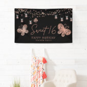 Sweet 16 Roos Gold Butterfly Chic Modern Birthday Spandoek (Insitu)