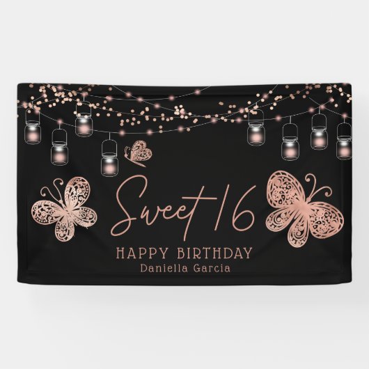 Sweet 16 Roos Gold Butterfly Chic Modern Birthday Spandoek (Horizontaal)