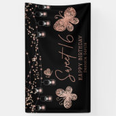 Sweet 16 Roos Gold Butterfly Chic Modern Birthday Spandoek (Verticaal)