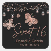Sweet 16 Roos Gold Butterfly Chic Modern Birthday Vierkante Sticker (Voorkant)