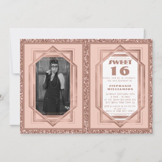 Sweet 16 Roos Gold en Glitter Gatsby Art Deco Kaart (Voorkant)