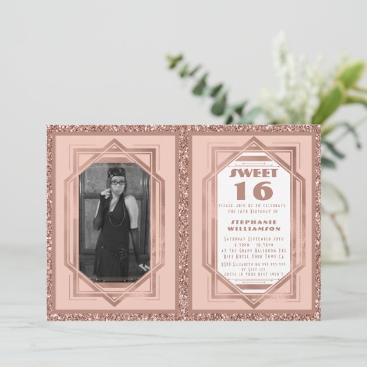 Sweet 16 Roos Gold en Glitter Gatsby Art Deco Kaart (Staand voorkant)