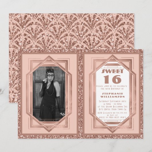 Sweet 16 Roos Gold en Glitter Gatsby Art Deco Kaart (Voorkant / Achterkant)