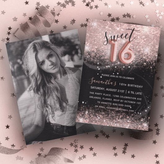 Sweet 16 Roos Gold Glitter & Black Party Kaart