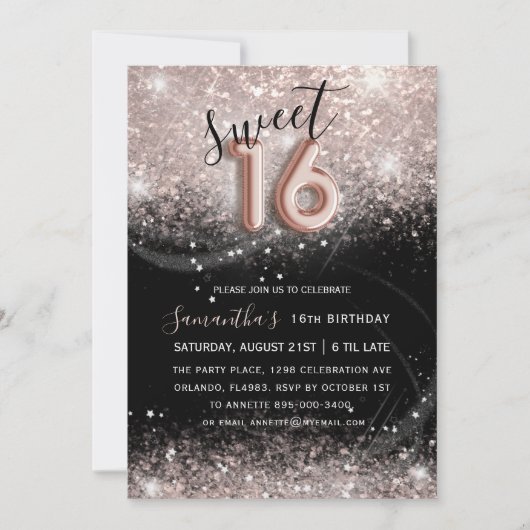 Sweet 16 Roos Gold Glitter & Black Party Kaart (Voorkant)
