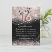 Sweet 16 Roos Gold Glitter & Black Party Kaart (Staand voorkant)