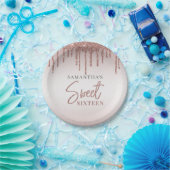 Sweet 16 Roos Gold Glitter Drip Script Verjaardag Papieren Bordje (Feest)