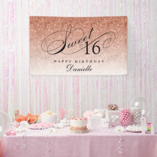 Sweet 16 Roos Gold Glitter Gepersonaliseerde Verja Spandoek
