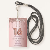 Sweet 16 Roos Gold Glitter Verjaardagsuitnodiging Badge (Achterkant met draagriem)