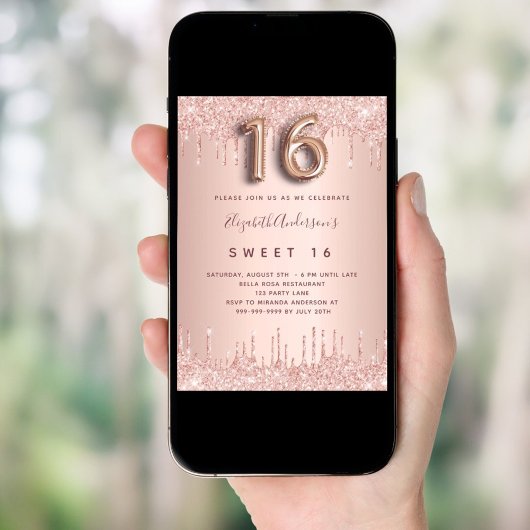 Sweet 16 roos gold pink drips kaart