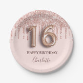 Sweet 16 roos gold pink drips papieren bordje (Voorkant)
