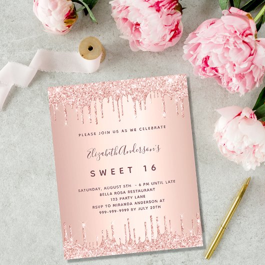 Sweet 16 roos gold pink drips uitnodiging briefkaart