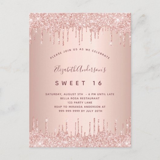 Sweet 16 roos gold pink drips uitnodiging briefkaart (Voorkant)