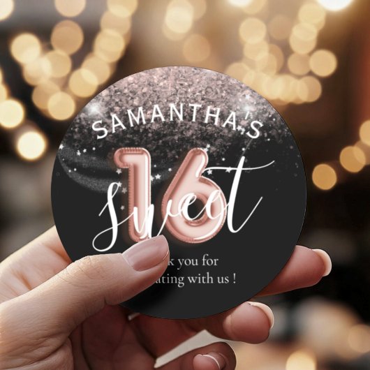 Sweet 16 Roos Gold Pink Glitter Ballon Style Ronde Sticker