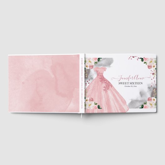 Sweet 16 Roos Gold Pink Waterverf Flowers Dress Gastenboek (Volledig)