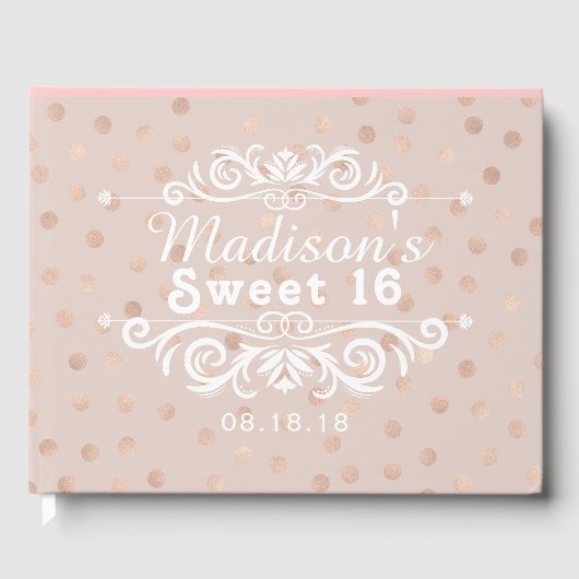 Sweet 16 Roos Gold Polka Dots Custom Gastenboek (Voorkant)