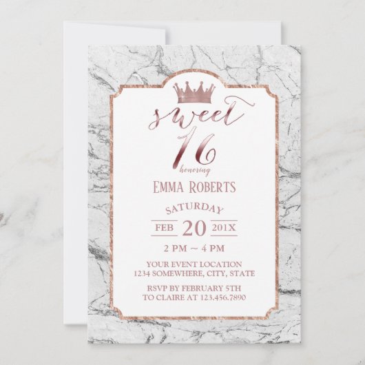 Sweet 16 Roos Gold Princess Crown White Marble Kaart (Voorkant)