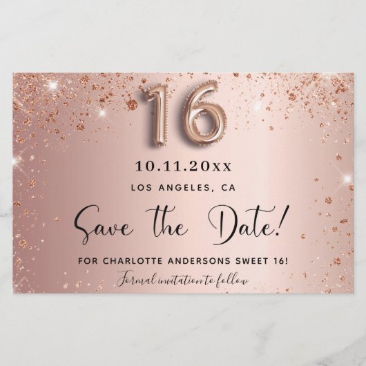 Sweet 16 roos gold save the date kaart (Voorkant)