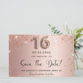 Sweet 16 roos gold save the date kaart (Staand voorkant)