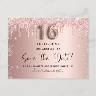 Sweet 16 roos gold silver save the date aankondigingskaart