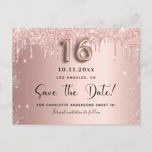 Sweet 16 roos gold silver save the date aankondigingskaart (Voorkant)
