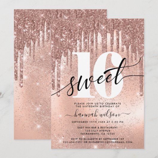 Sweet 16 Roos Gold Trendy Invitation Kaart (Voorkant / Achterkant)