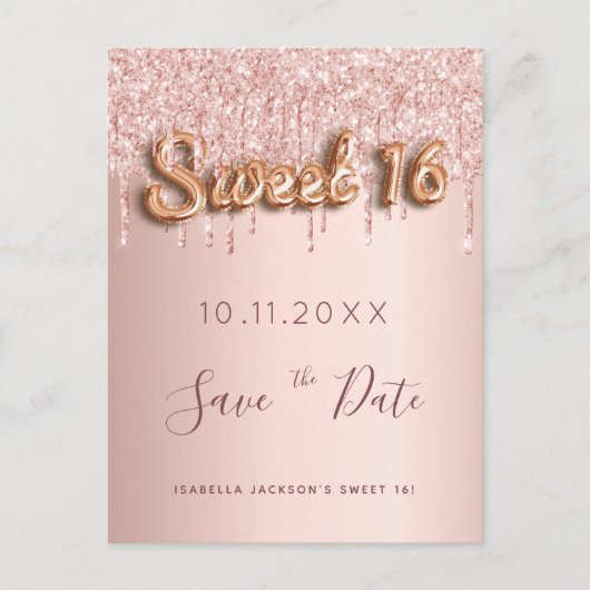 Sweet 16 roos goud glitter roze behalve de datum aankondigingskaart (Voorkant)