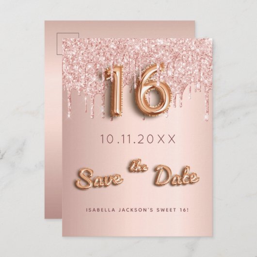 Sweet 16 roos goud glitter roze behalve de datum aankondigingskaart (Voorkant / Achterkant)