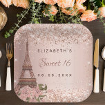 Sweet 16 roos goud Paris Eiffeltoren Papieren Bordje<br><div class="desc">Voor een elegant,  klassiek,  glamoureus en meisje Sweet 16,  16e verjaardagsfeest. Een gouden gradiëntachtergrond van het roos,  versierd met de Eiffeltoren in Parijs. Pas een naam en een datum aan en voeg deze toe.</div>