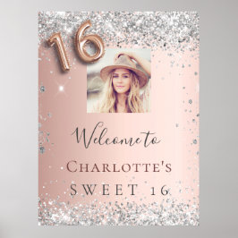 Sweet 16 roos goud zilveren glitter foto welkom poster