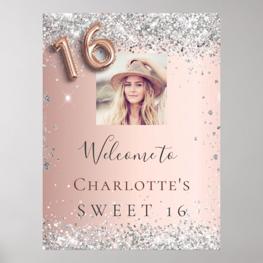 Sweet 16 roos goud zilveren glitter foto welkom poster (Voorkant)
