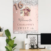 Sweet 16 roos goud zilveren glitter foto welkom poster (Thuiskantoor)