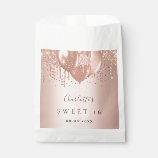 Sweet 16 roos goudballonnen monogram glitter 16th bedankzakje (Voorkant)