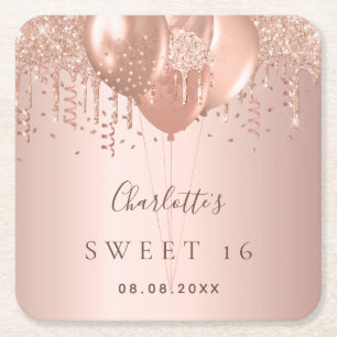 Sweet 16 roos goudballonnen monogram glitter 16th kartonnen onderzetters