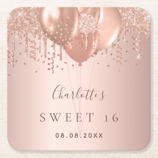 Sweet 16 roos goudballonnen monogram glitter 16th kartonnen onderzetters (Voorkant)