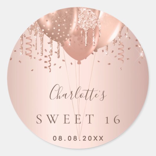 Sweet 16 roos goudballonnen monogram glitter 16th ronde sticker (Voorkant)