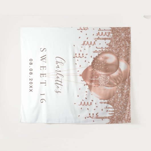 Sweet 16 roos goudballonnen monogram glitter 16th wandkleed (Voorkant (horizontaal))