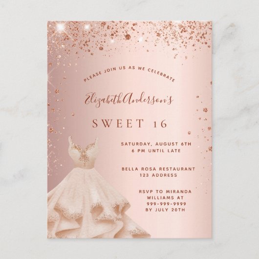 Sweet 16 roos goudbruin glitter-jurk uitnodiging briefkaart (Voorkant)