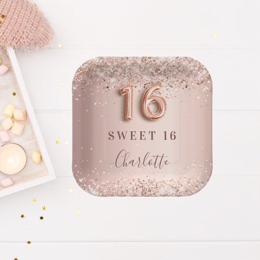 Sweet 16 roos goudbruine glitternaam elegant papieren bordje
