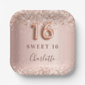 Sweet 16 roos goudbruine glitternaam elegant papieren bordje (Voorkant)