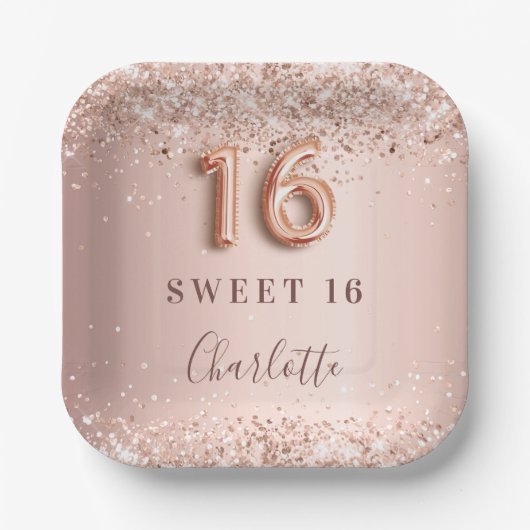 Sweet 16 roos goudbruine glitternaam elegant papieren bordje (Voorkant)