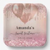 Sweet 16 roos goudbruine roze glitternaam papieren bordje (Voorkant)