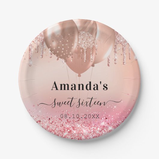 Sweet 16 roos goudbruine roze glitternaam papieren bordje (Voorkant)