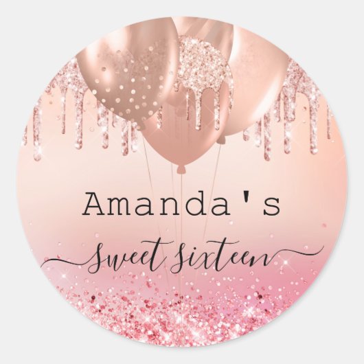 Sweet 16 roos goudbruine roze glitternaam ronde sticker (Voorkant)