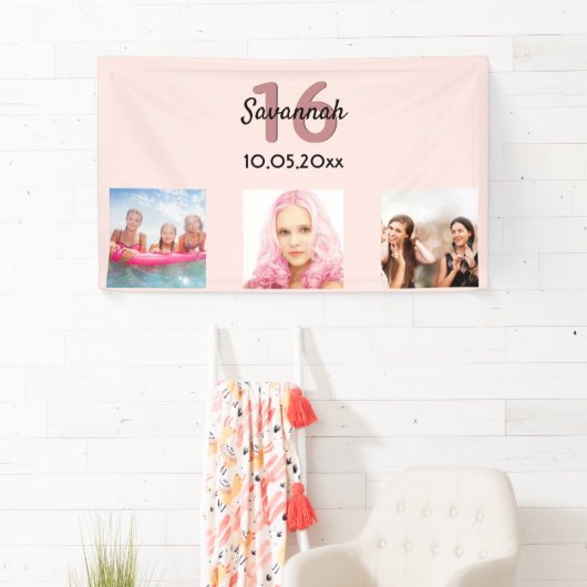 Sweet 16 roos gouden blauwe naam welkom spandoek (Insitu)