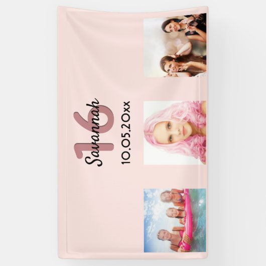 Sweet 16 roos gouden blauwe naam welkom spandoek (Verticaal)